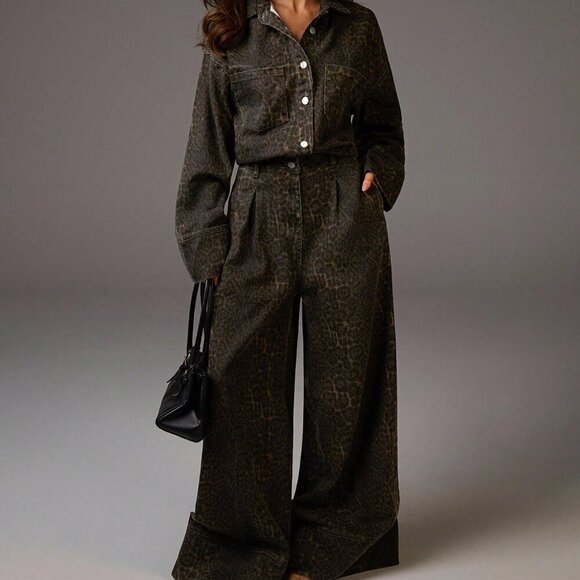 Casual Women's leopard Long Sleeve Button Pocketed Wide Leg jumpsuit